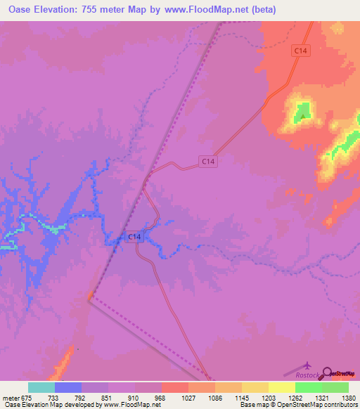 Oase,Namibia Elevation Map