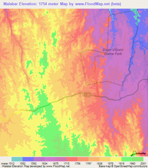 Malabar,Namibia Elevation Map