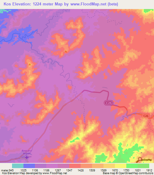 Kos,Namibia Elevation Map