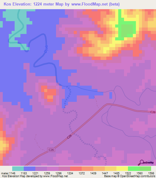 Kos,Namibia Elevation Map