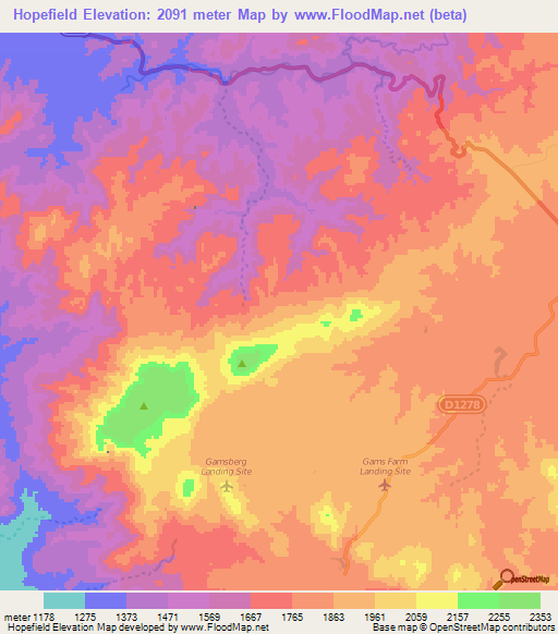 Hopefield,Namibia Elevation Map