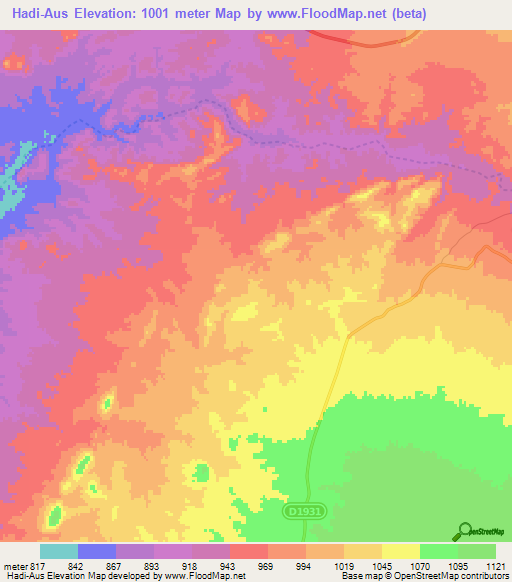 Hadi-Aus,Namibia Elevation Map