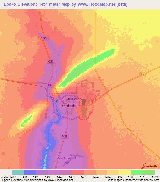 Epako,Namibia Elevation Map