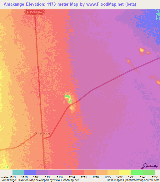 Amakange,Namibia Elevation Map