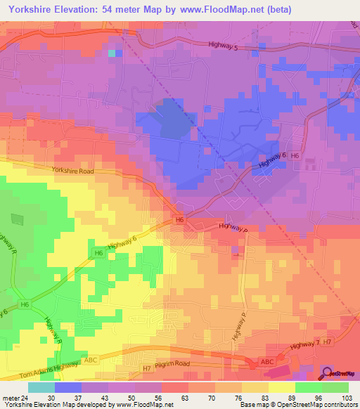 Yorkshire,Barbados Elevation Map