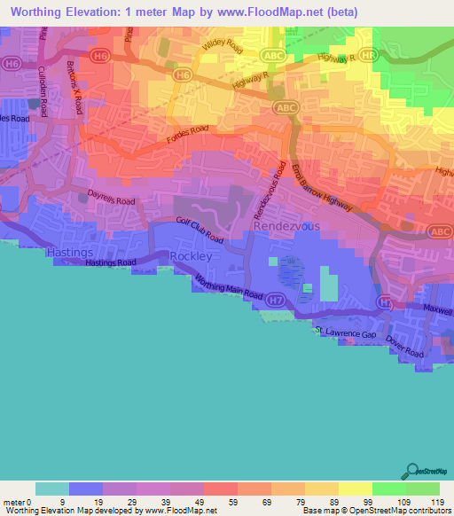 Worthing,Barbados Elevation Map