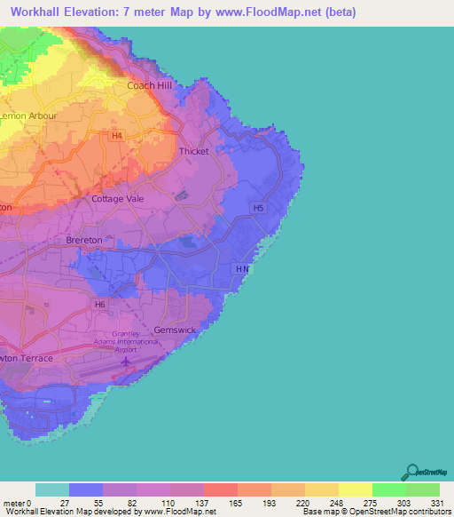 Workhall,Barbados Elevation Map