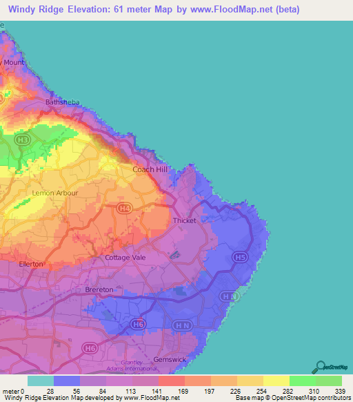 Windy Ridge,Barbados Elevation Map
