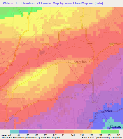 Wilson Hill,Barbados Elevation Map