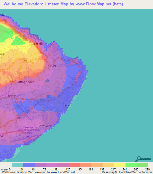 Wellhouse,Barbados Elevation Map
