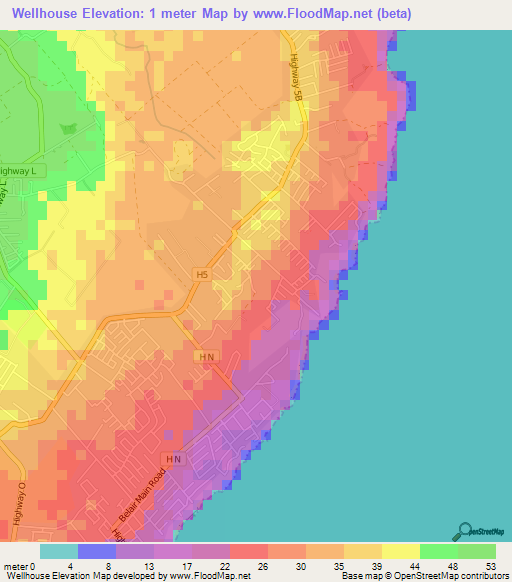 Wellhouse,Barbados Elevation Map