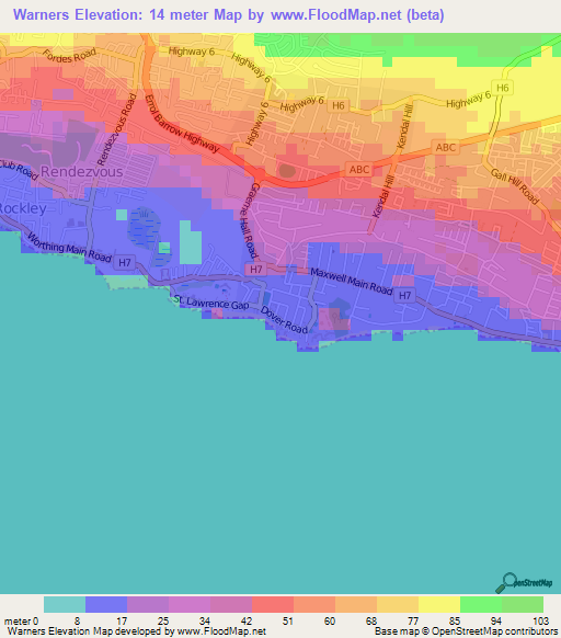 Warners,Barbados Elevation Map