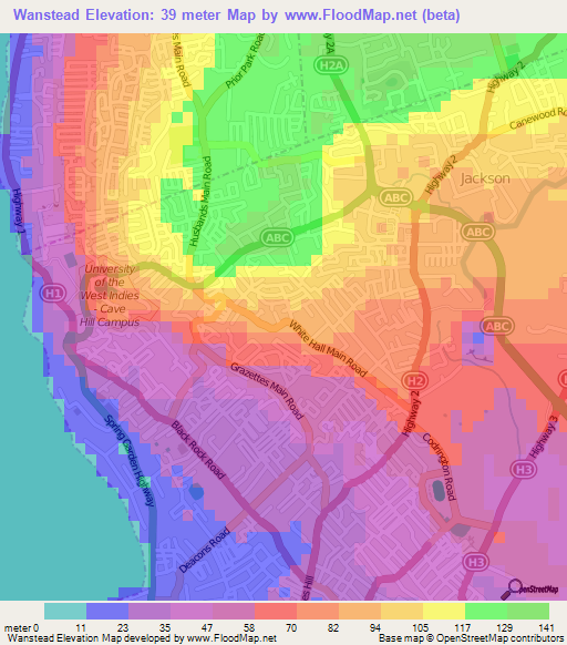 Wanstead,Barbados Elevation Map