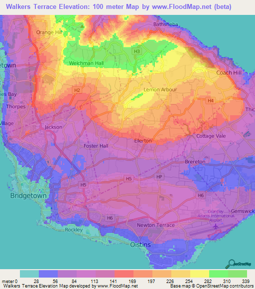 Walkers Terrace,Barbados Elevation Map