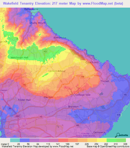 Wakefield Tenantry,Barbados Elevation Map