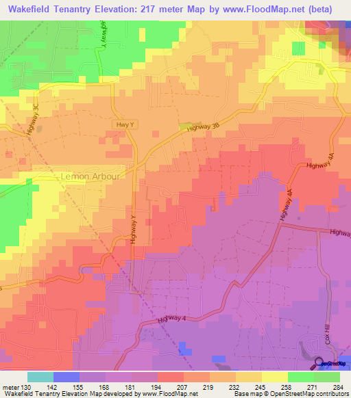 Wakefield Tenantry,Barbados Elevation Map