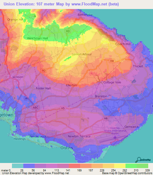 Union,Barbados Elevation Map