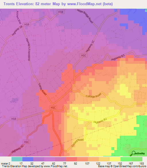 Trents,Barbados Elevation Map