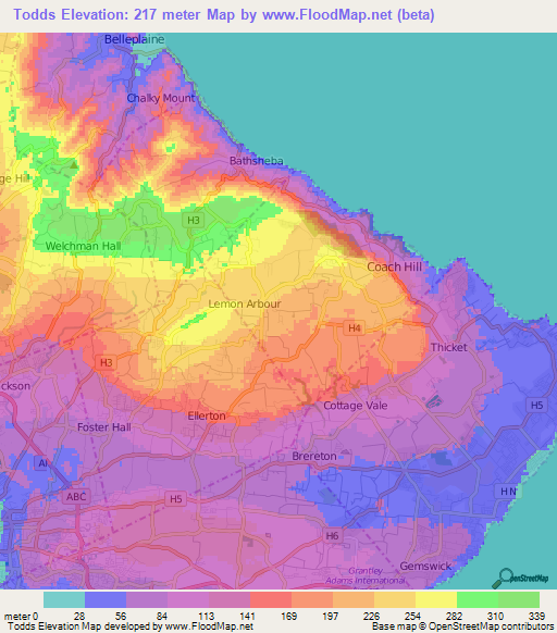 Todds,Barbados Elevation Map