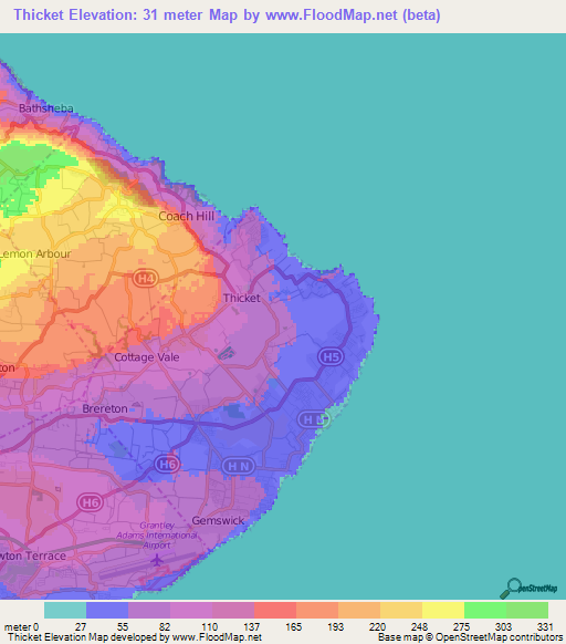 Thicket,Barbados Elevation Map