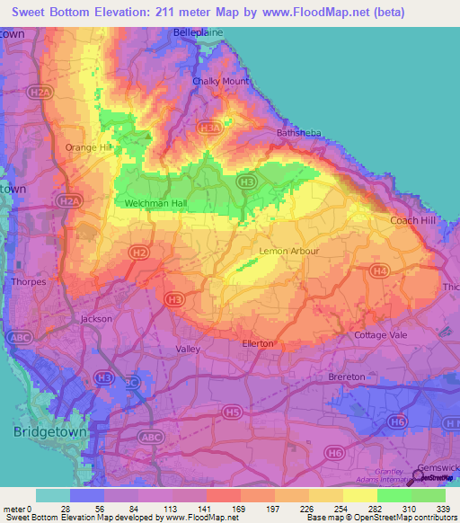 Sweet Bottom,Barbados Elevation Map