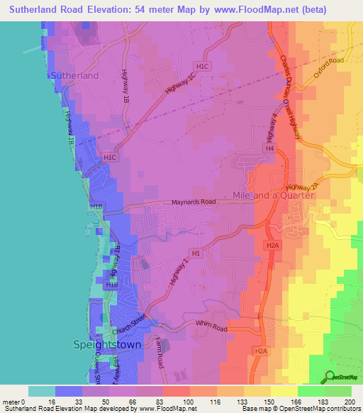 Sutherland Road,Barbados Elevation Map