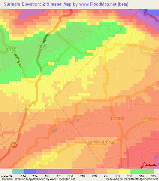 Surinam,Barbados Elevation Map