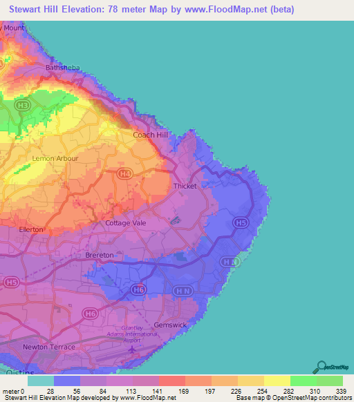 Stewart Hill,Barbados Elevation Map