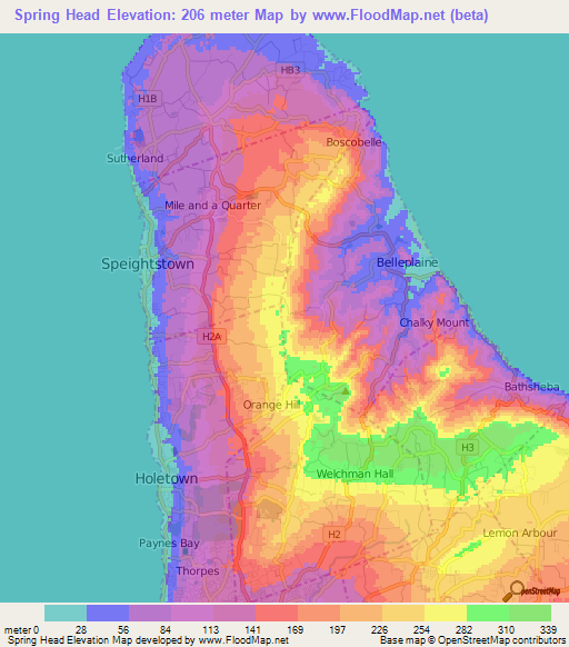 Spring Head,Barbados Elevation Map