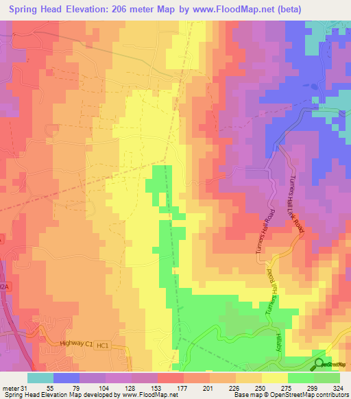 Spring Head,Barbados Elevation Map