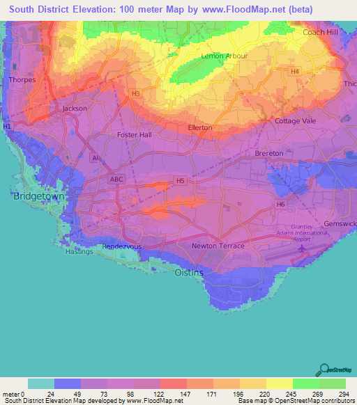 South District,Barbados Elevation Map