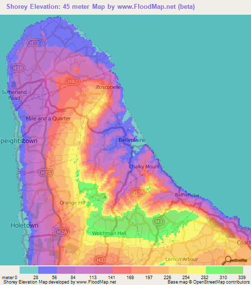 Shorey,Barbados Elevation Map