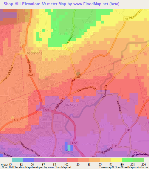 Shop Hill,Barbados Elevation Map