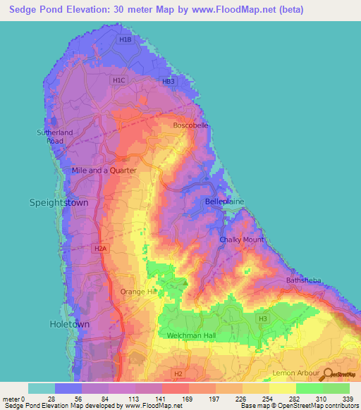 Sedge Pond,Barbados Elevation Map