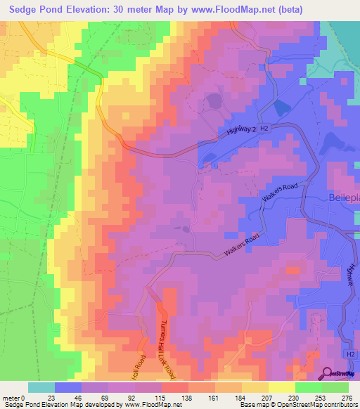 Sedge Pond,Barbados Elevation Map