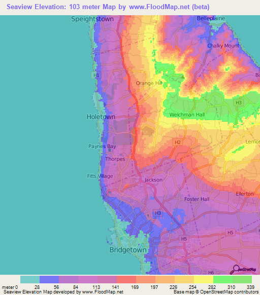 Seaview,Barbados Elevation Map
