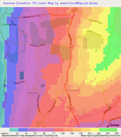 Seaview,Barbados Elevation Map