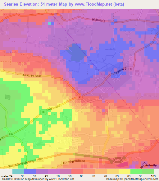 Searles,Barbados Elevation Map