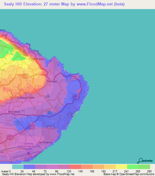 Sealy Hill,Barbados Elevation Map