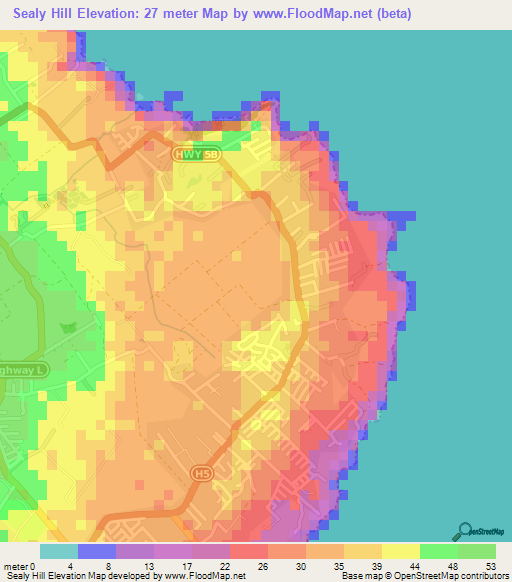 Sealy Hill,Barbados Elevation Map