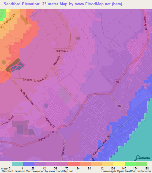 Sandford,Barbados Elevation Map