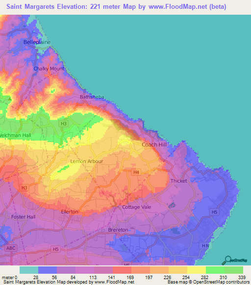 Saint Margarets,Barbados Elevation Map