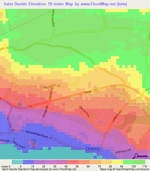Saint Davids,Barbados Elevation Map