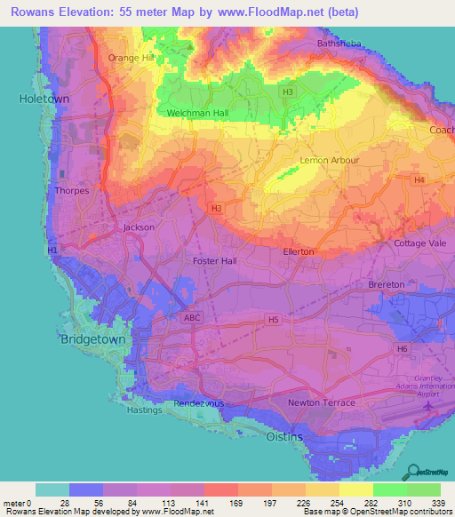 Rowans,Barbados Elevation Map
