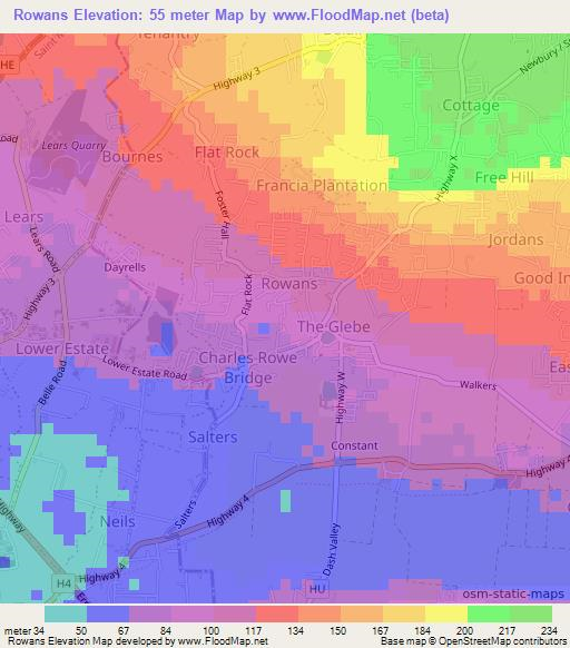 Rowans,Barbados Elevation Map
