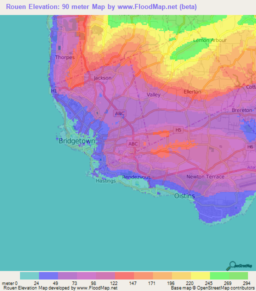 Rouen,Barbados Elevation Map