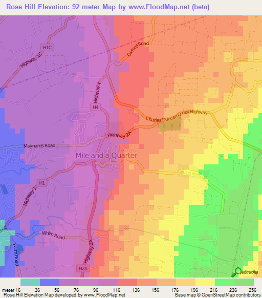 Rose Hill,Barbados Elevation Map