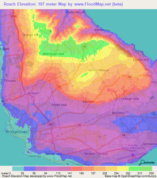 Roach,Barbados Elevation Map