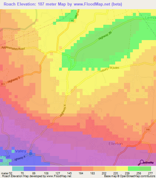 Roach,Barbados Elevation Map