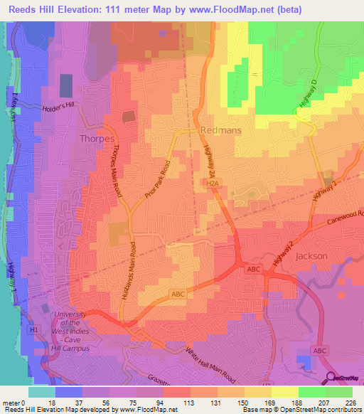 Reeds Hill,Barbados Elevation Map